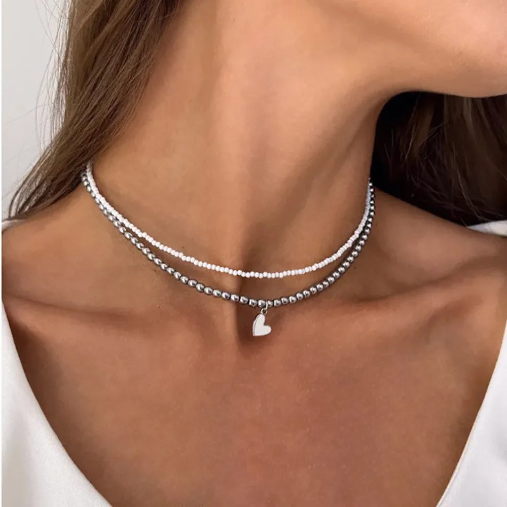 /set Y2K Bead Heart-Shaped Choker Necklaces Chain Jewellery Women