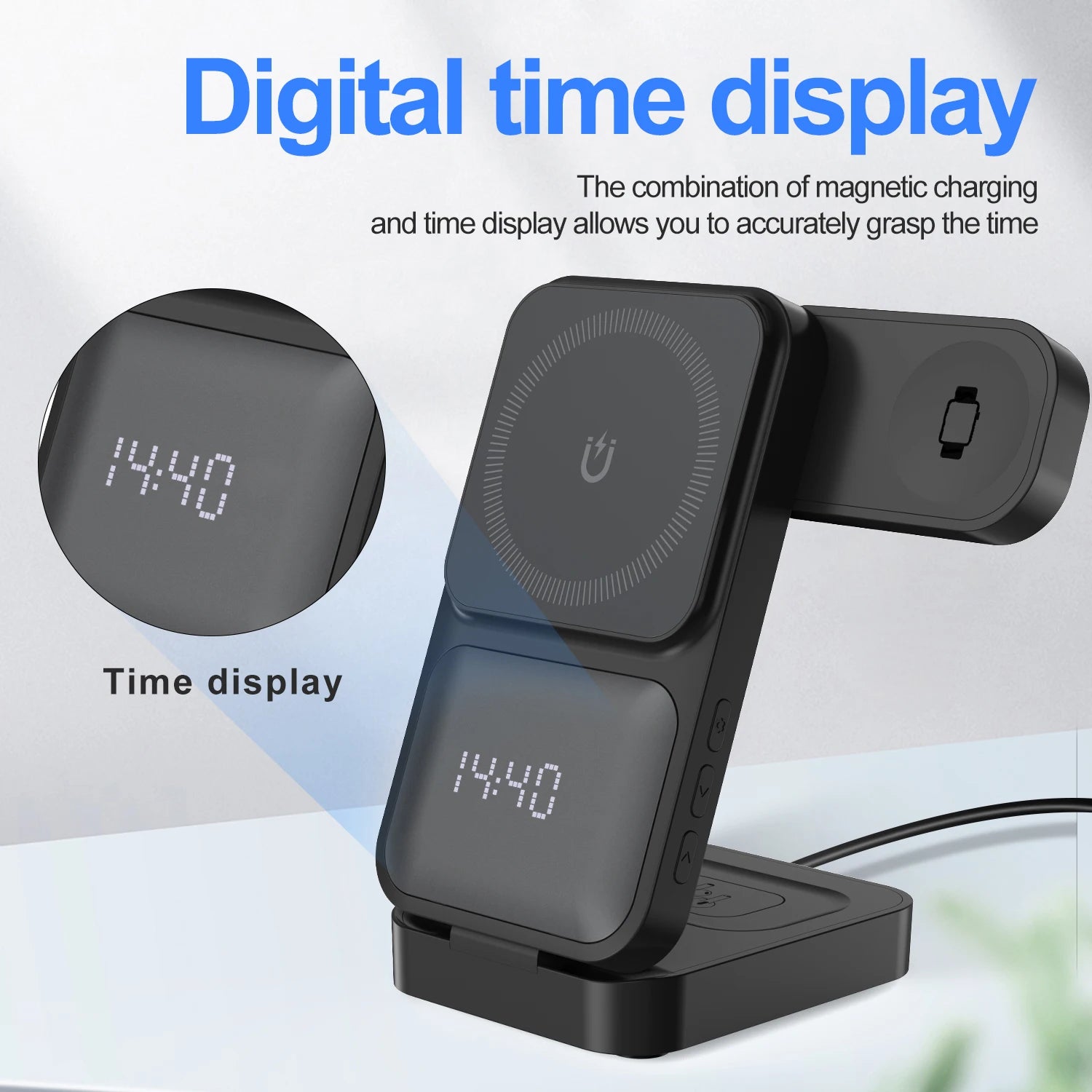 3in1 Foldable Wireless Charger Qi2 Multifunctional Stand Clock Wireless Charger Adapter Type-c Station For iPhone 16 15 Pro Max