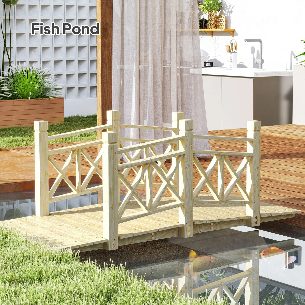 5 ft. Wood Garden Bridge with Safety Handrails Backyard