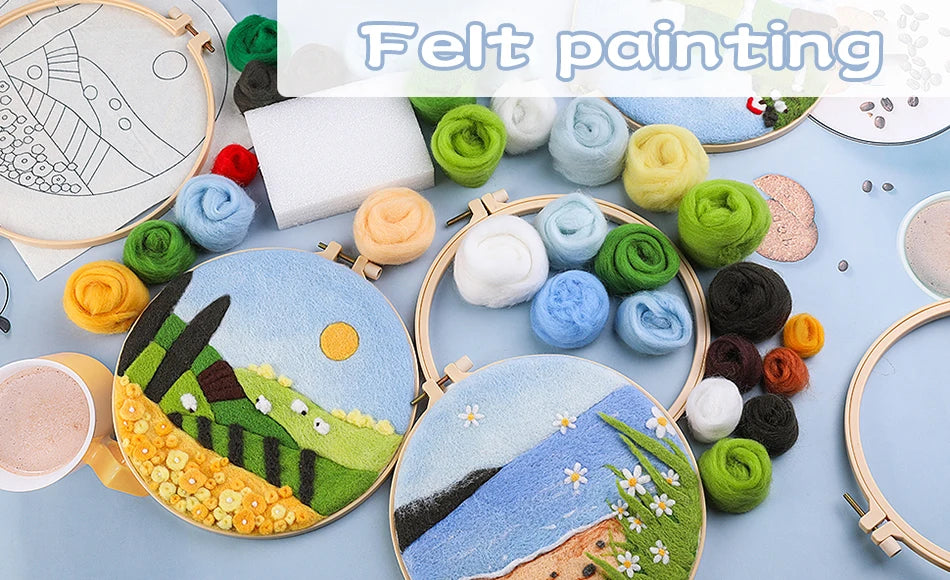 CHENISTORY the Spring Festival Wool Felting Painting Painting With Frame Kit For Beginner Handmade Felt Needles, Foam Pad,Cloth