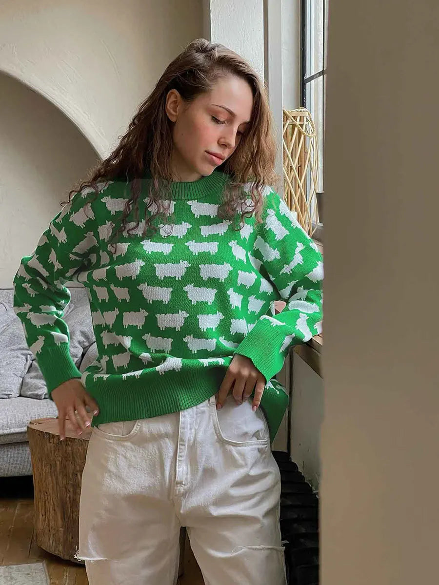 Sheep Printing Elegant Women Sweater Warm Knitted Classic O-Neck Pullover Tops 2024 Autumn Winter Long Sleeve Streetwear Sweater