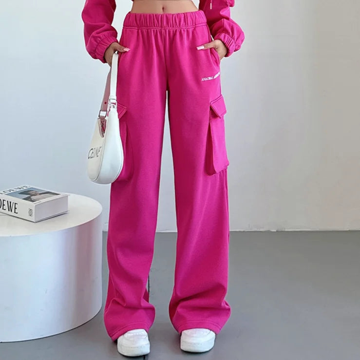 WOMENGAGA Short Zipper Sweatshirt Large Pocket Wide Leg Pants Two Piece Casual Plush Set For Winter Women Fashion Sweet 2PTB
