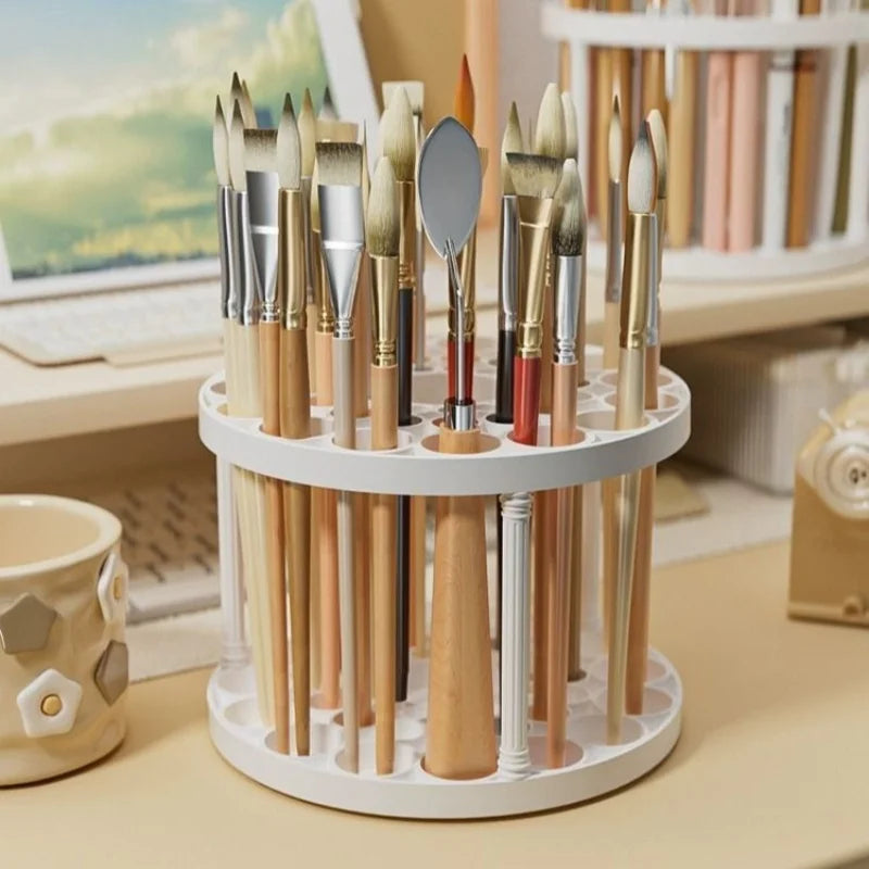 360° Rotating Brush Holder - Sleek White Plastic Organizer Large Capacity Makeup Brush Storage Bucket, Multi-Functional Rack