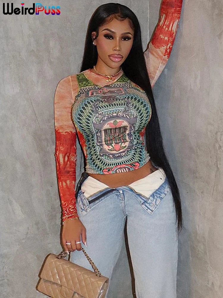Weird Puss Dollar Print Women Long Sleeve Crop Tops Y2K Fashion