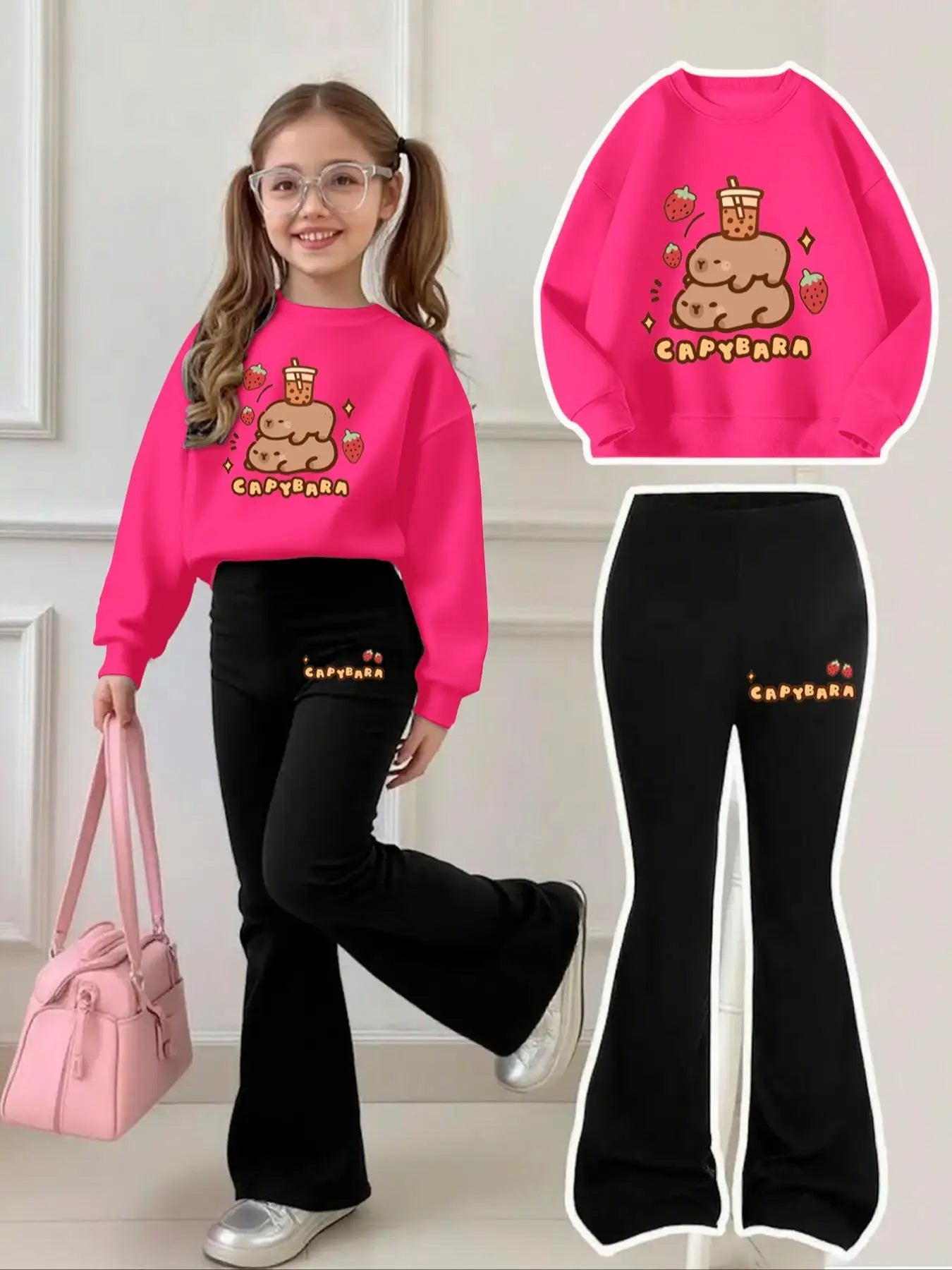 4-12 Year Old Girls' Capybara Milk Tea Sweatshirt and Bell-Bottom Pants Set, Black Bell-Bottom Pants with Side Embellishments Featuring the Same "Capybara" Lettering + Strawberry Element Print Two-Piece Outfit