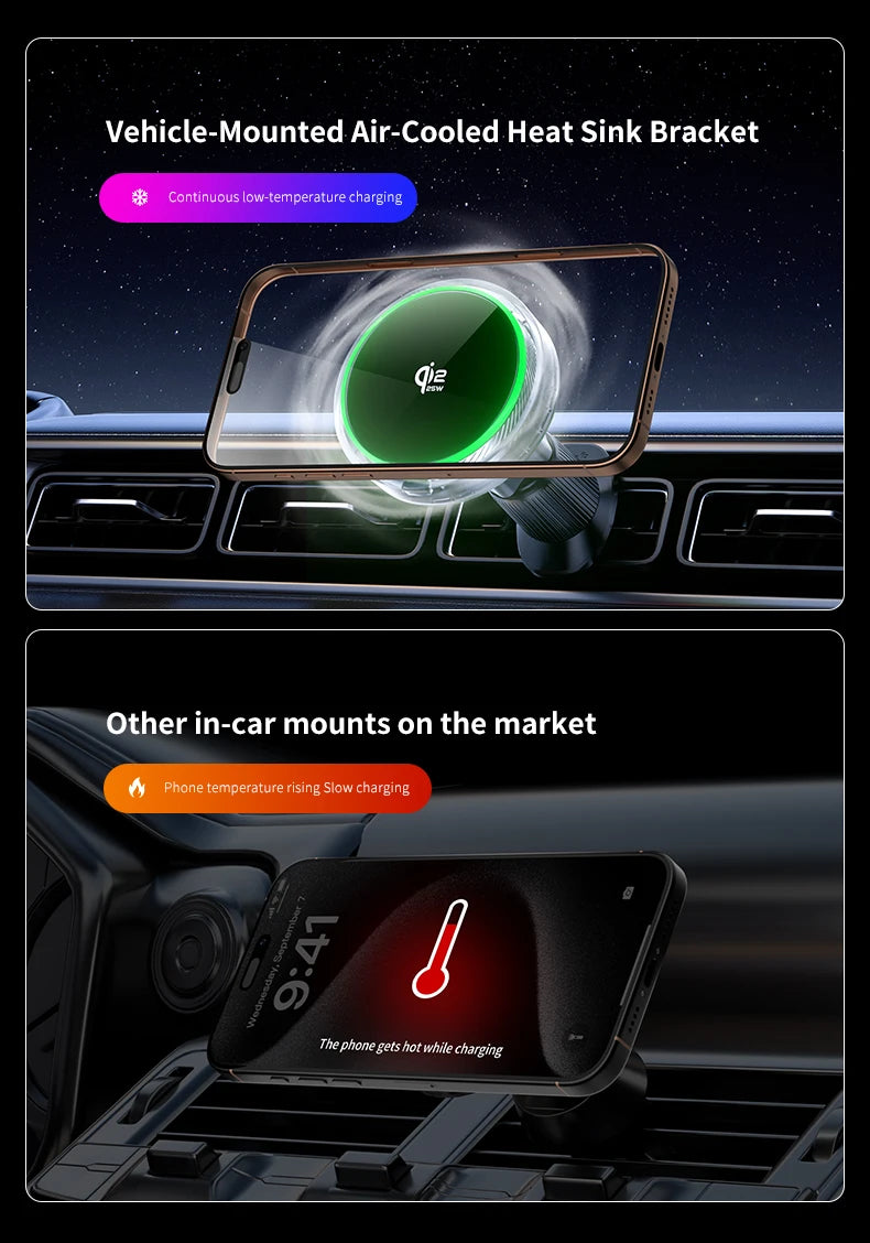 Car Magnetic Wireless Charger Qi2.2 25W Air Cooling RGB Light  Phone Holder For Magsafe iPhone 17 16 15 14 13 12 Fast Charging