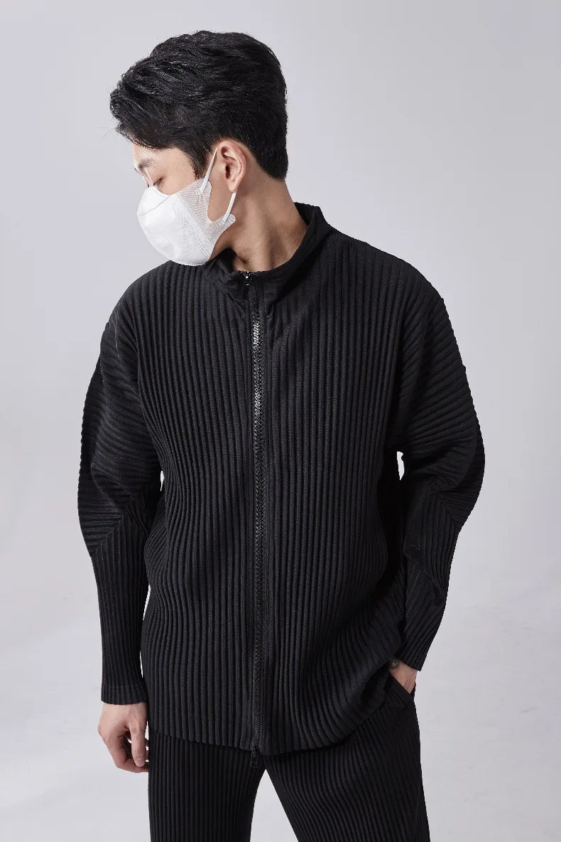 Miyake Men's Pleated Jacket Long Sleeve Standing Collar Fold Jacket Coat High Collar Zip Sweatshirt 2025 Spring Summer New Tops