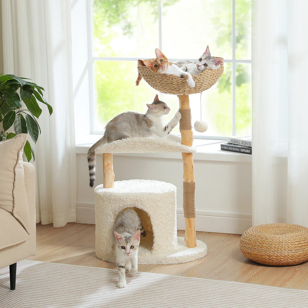 Modern Cat Tree Tower with Natural Solid Wood Scratching