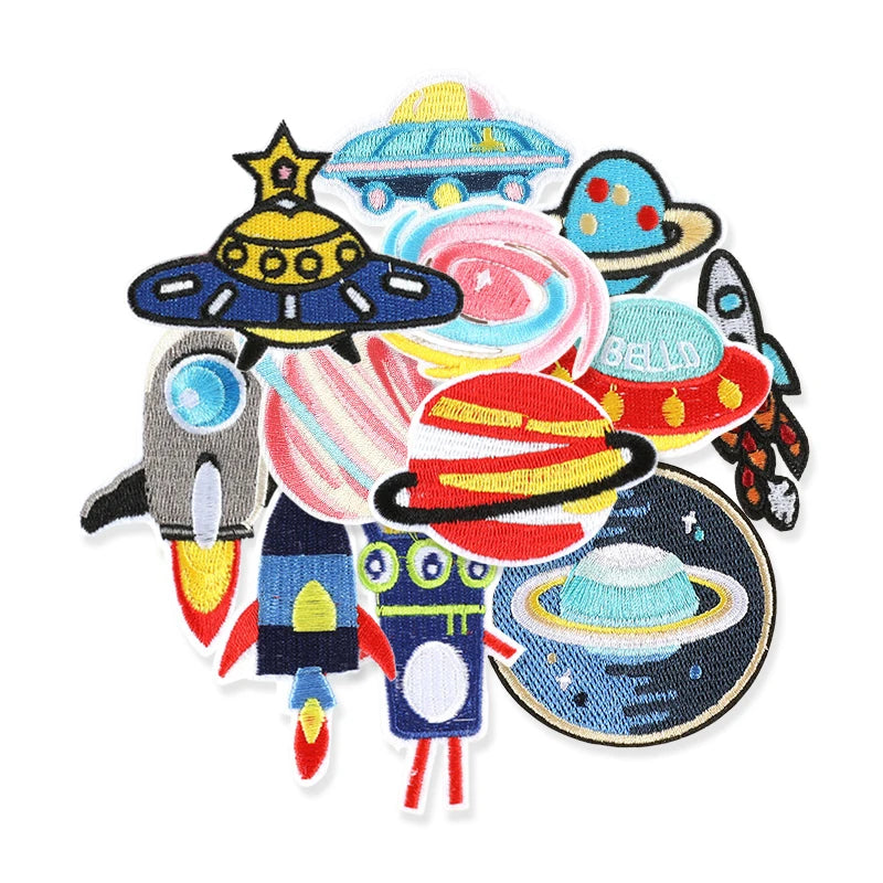 12pcs Lot Patches For Clothing Kids Boys Space Bulk Star UFO With Iron On Embroidered Diy Naszywka Thermal Parches Designer Sew
