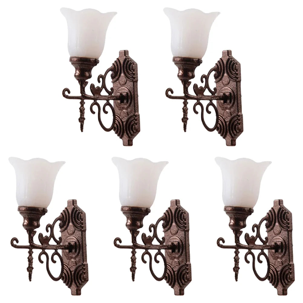 5Pcs Stainless Steel Abs Miniature Wall Lamp Models Sand Table Accessories Tiny Lamps For Diorama Decorative Figurines Warm