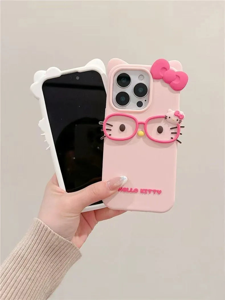 Hello Kitty 3D Cat-Eye Glasses Silicone Phone Case for iPhone 17 Pro Max 16 15 Plus 14 13 Mini 12 11 4 4S 5 5S 7 8 SE Shockproof