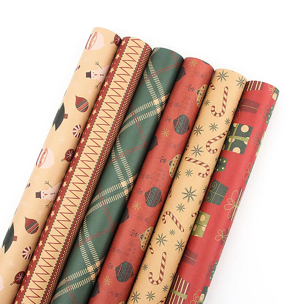 6Pcs Kraft Packaging Paper Retro Christmas Single-sided Wrapping Paper DIY Craft Paper Set for Party Birthday Halloween Gift