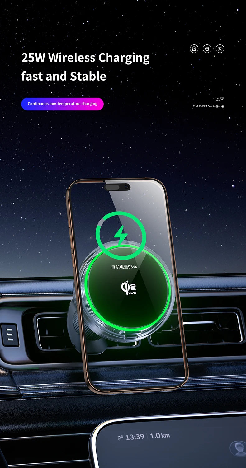 Car Magnetic Wireless Charger Qi2.2 25W Air Cooling RGB Light  Phone Holder For Magsafe iPhone 17 16 15 14 13 12 Fast Charging