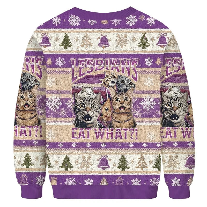 Funny Christmas Ugly Sweatshirt Men's Cat Printed Autumn Long Sleeve O-Neck Chic Pullover Holiday Colorblock New Year Clothing