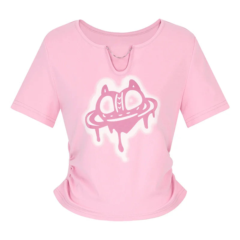ELFSACK Pink Drippy Heart Cat Print Crop T-Shirt Y2K