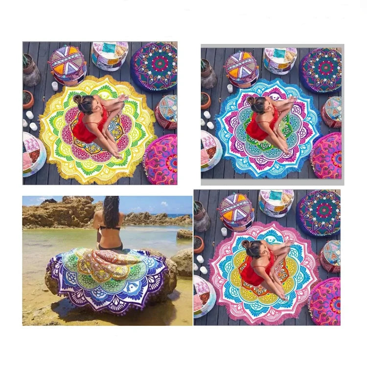 Yoga Mat Chakra Beach Towel Tassel Toalla Mandala Tapestry Sunblock Round Cover-Up Bath Towel Lotus Bohemian  150cm