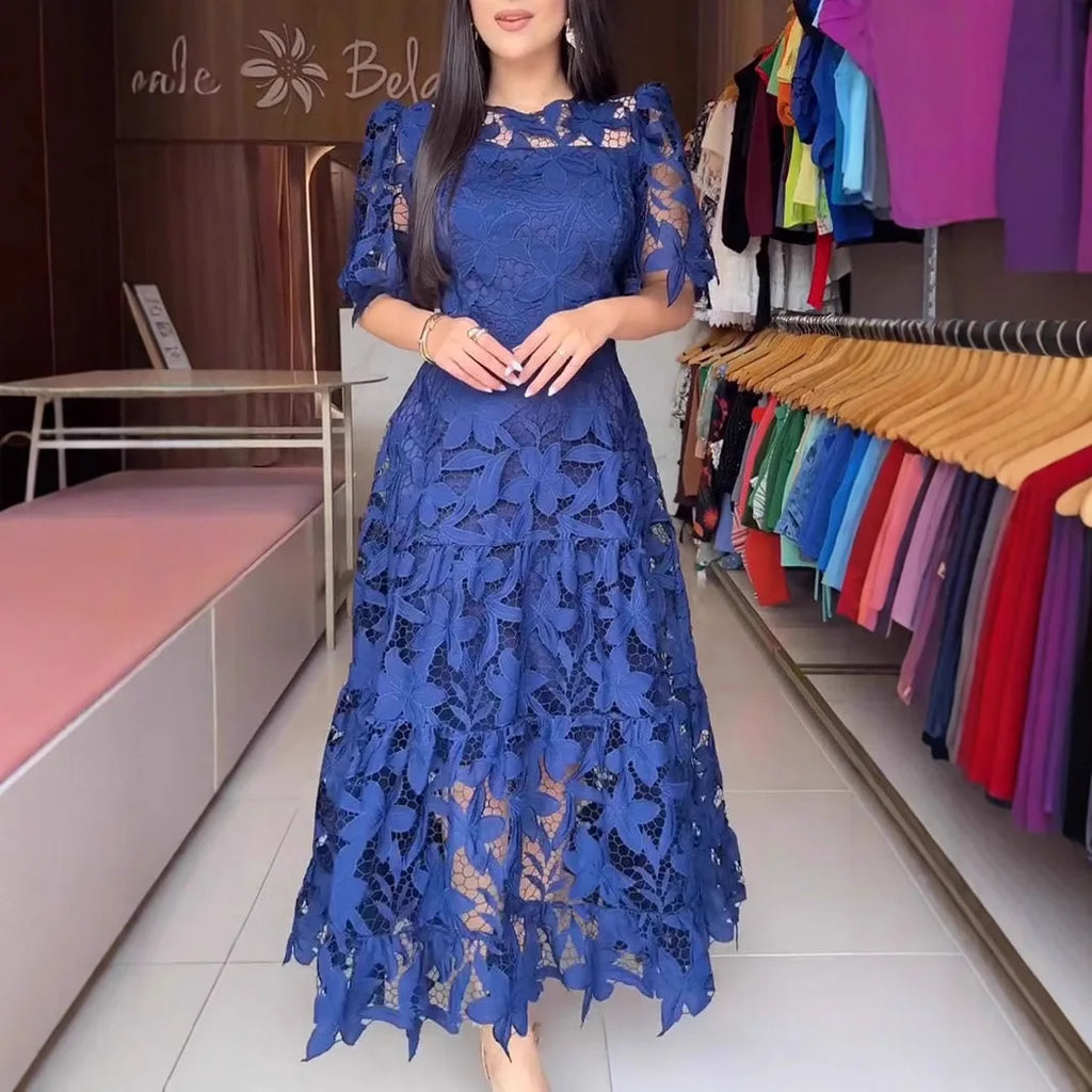 Women Hollow Out Dresses A Line Solid Dress Ankle