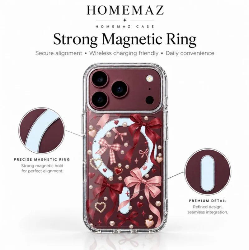 Romantic Bow Heart Clear Case for iPhone, Pearl Ribbon Graphic Shockproof Cover with Raised Camera Edge, Slim Transparent Protective Phone Case