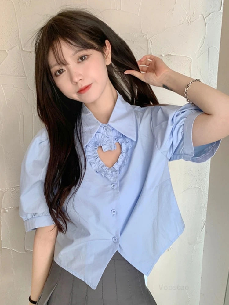 Sweet Lolita Style Blouses White Hollow Out Ruffles Heart Crop