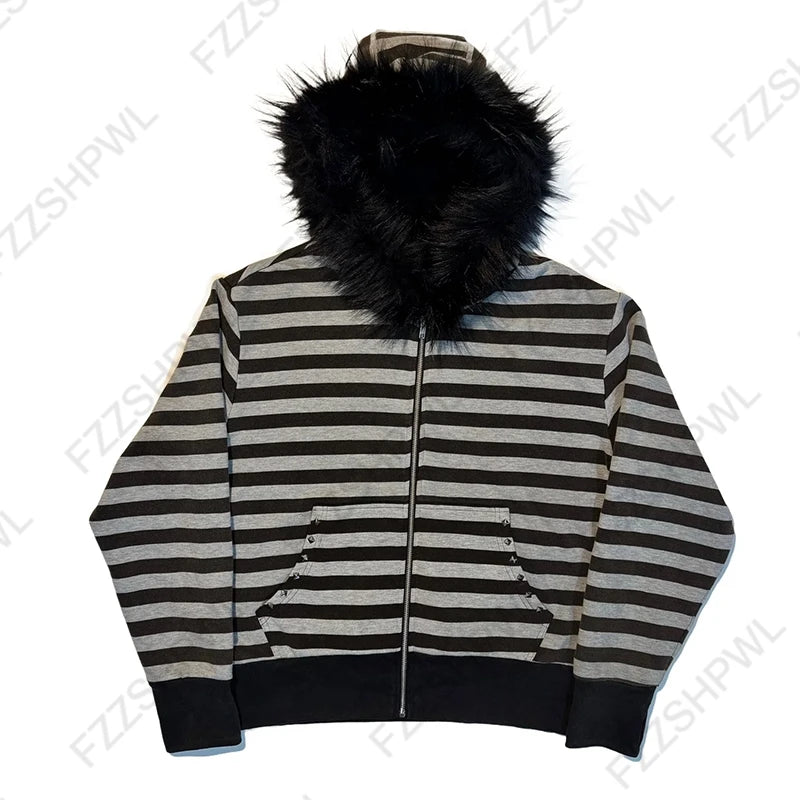 Women's 2025 Gothic Aesthetic Autumn Winter Fur Collar Hoodie Casual Slim Chic Design Cardigan Sweatshirt 2000s Harajuku Clothes
