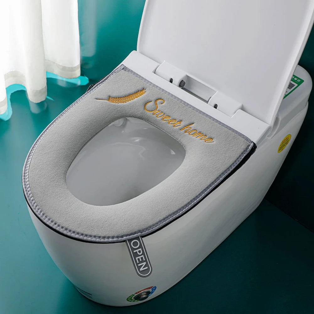 Washable Toilet Seat Cover with Flip Lid Handle, Soft WC, Closestool Mat, Bathroom, Removable, Zipper, Household, Warm, Winter