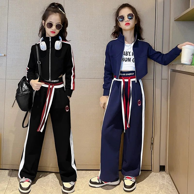 Spring Autumn Girl Striped Cropped Full Zip Sweatshirt+Loose Drawstring Sweatpant Set School Kids Tracksuit Child Outfit 3-16Yrs