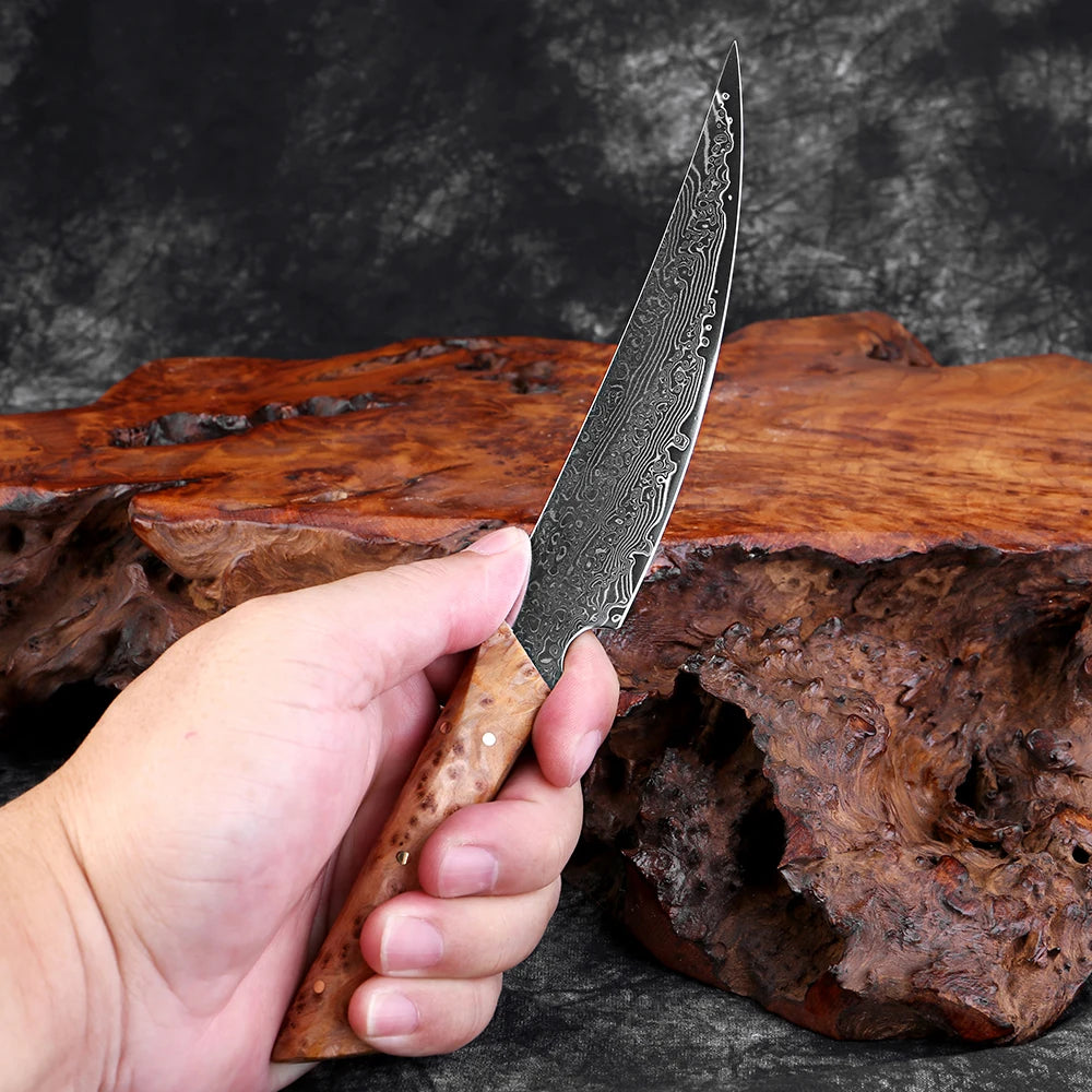 Damascus Steel Handmade Curved Edge Japanese Utility Knife,Full Tang Pakkawood Handle,High Hardness Sharp Kitchen Peeling Knife