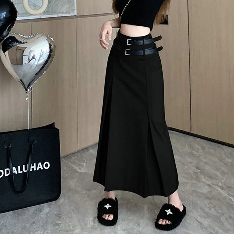 Women Double Belt Suit Skirts Korean Fashion High Waist Midi Skirt