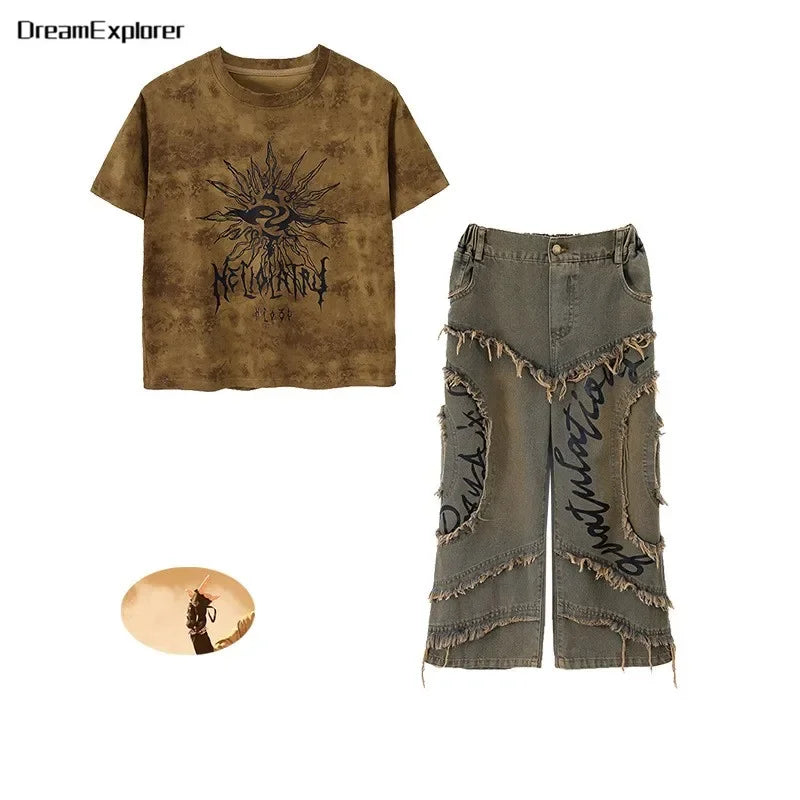 Boys Wasteland Punk Street Dance Sweatshirt Jeans Pants Girls Hip Hop Clothes Sets Kids Jazz Stage Costumes Children Streetwear