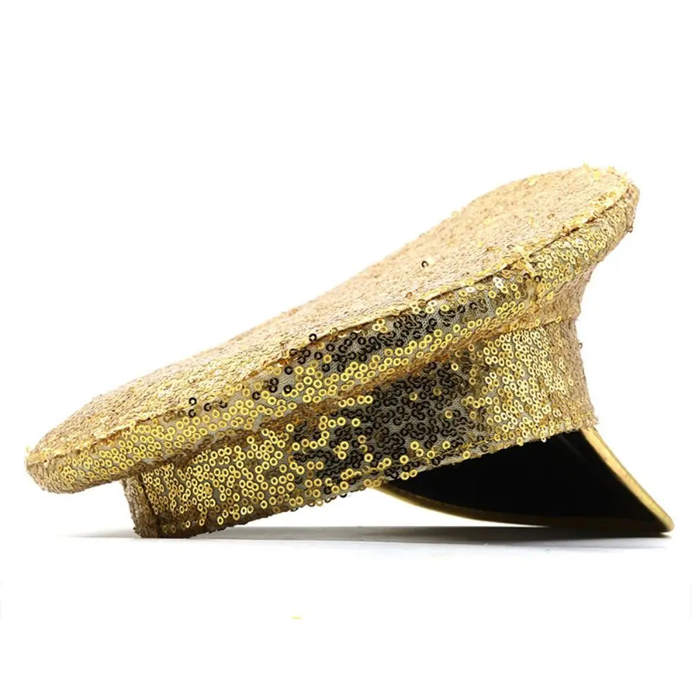Dance Props PU Leather Sequin Flat Top Hat Shiny Y2K Hats