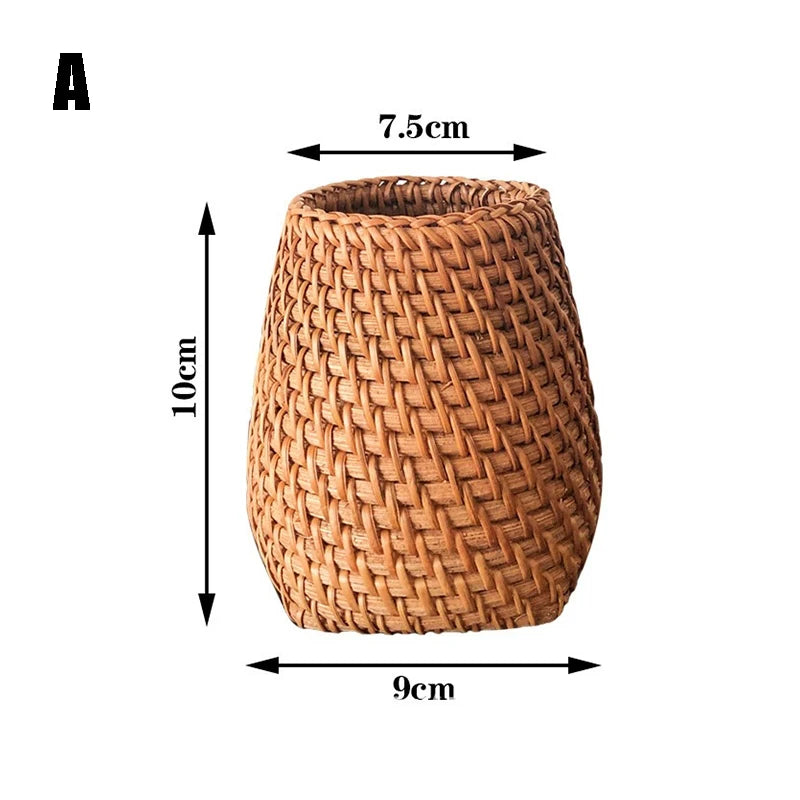 Rattan Pencil Holder, Handmade Wicker Pen Cup Makeup Brushes Holder, Woven Vine Desk Organizer Pen Container Box