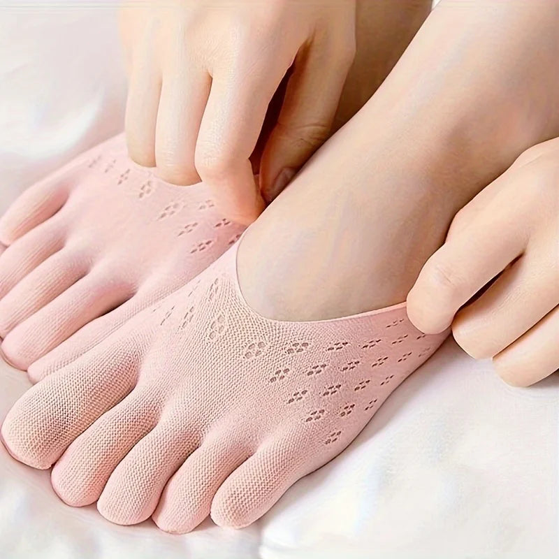 Women's Toe Socks, No Show Invisible Socks, Silicone Non-Slip Ladies Boat Socks, Low Cut, Breathable, Sweat Absorbing, Summer Thin