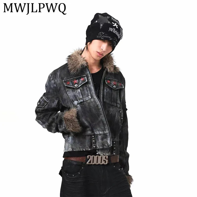 MWJLPWQ Washed Distressed Jacket Stains Irregular Damage Rivets