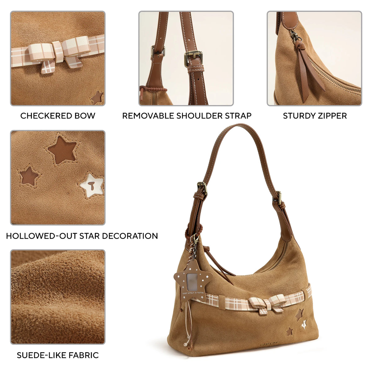TOUTOU Y2K Bag Brown Plaid Bow Decoration + Cutout Star Pattern