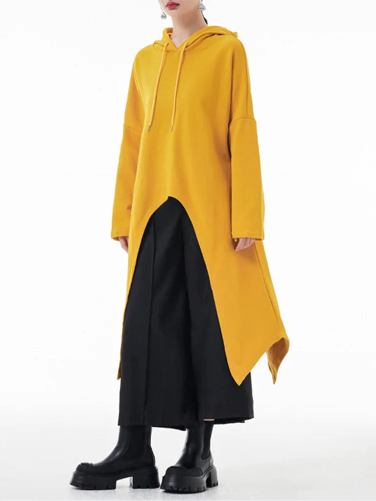 EAM Yellow Irregular Midi Sweatshirt New Hooded Drawstring Long Sleeve Women Big Size Fashion Tide Spring Autumn 2026 1DH3876
