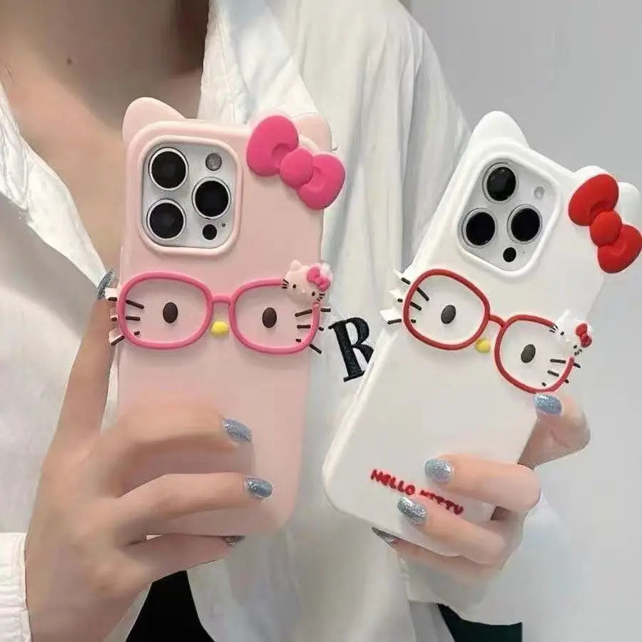 Hello Kitty 3D Cat-Eye Glasses Silicone Phone Case for iPhone 17 Pro Max 16 15 Plus 14 13 Mini 12 11 4 4S 5 5S 7 8 SE Shockproof