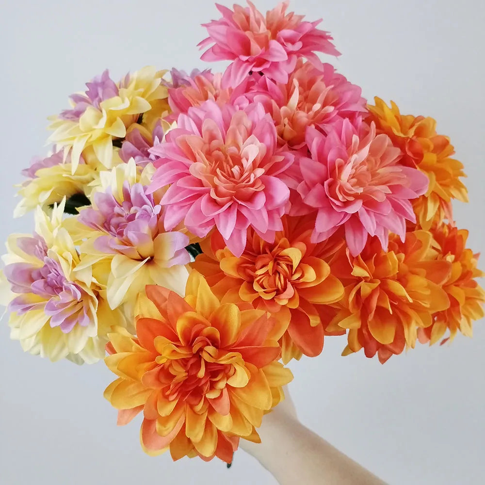 Artificial Dahlia Flowers Bouquet of 7-Heads Fake Flowers for Wedding Desk Room Party Bouquet Table Centerpiece Home Decorations