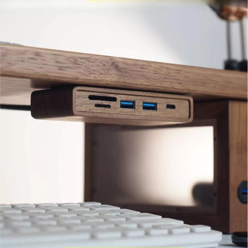 Black Walnut Wood USB Hub Under Desk Organizer Premium Desktop Riser Accessory with 3.0 Ports Multi-Device Charging Station