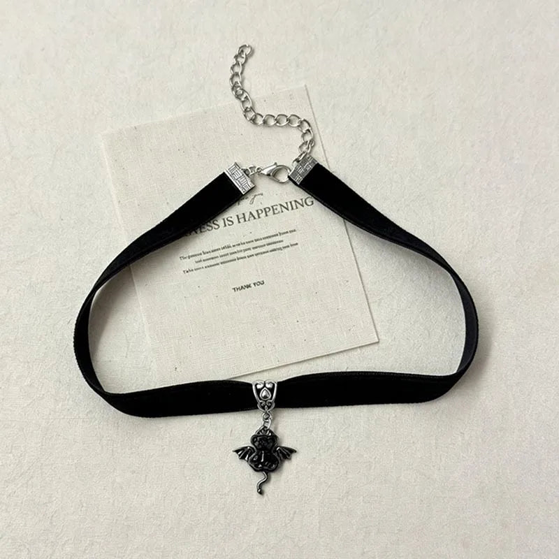 Gothic Black Velvet Choker Little Demon Bat Charm Pendant Necklace