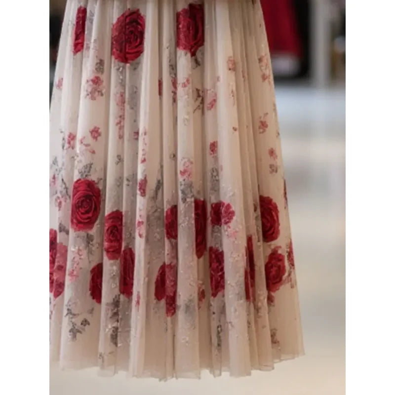 New Summer Fashion Rose Printed Skrit Women High Waist Slim Mesh Patchwork Pleated Bodycon Long Skirts Elegant Party