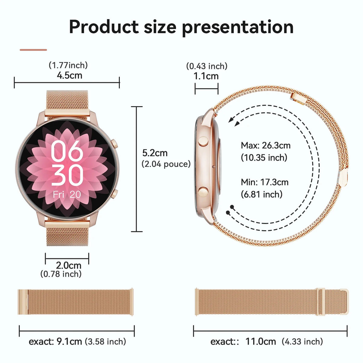 Women Rose Gold Smart Watch 1.39" Round Screen Bluetooth