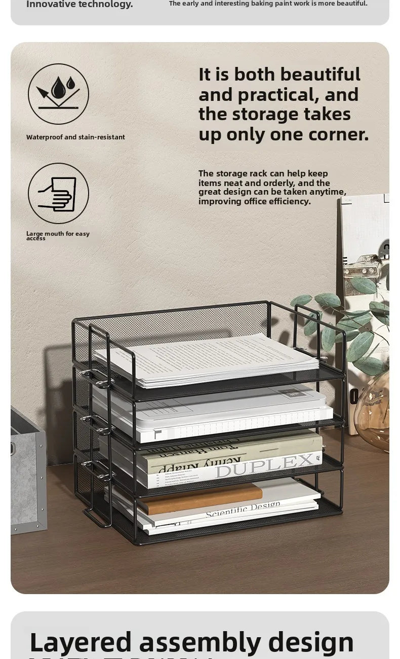 Stackable Paper Tray Desk Organizer, 4-Tier Metal Mesh Letter Organizers for School Multi-Functional Desktop Storage