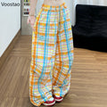 Sweet Y2K Plaid Heart Print Wide Leg Cargo Pants Women Casual Cute