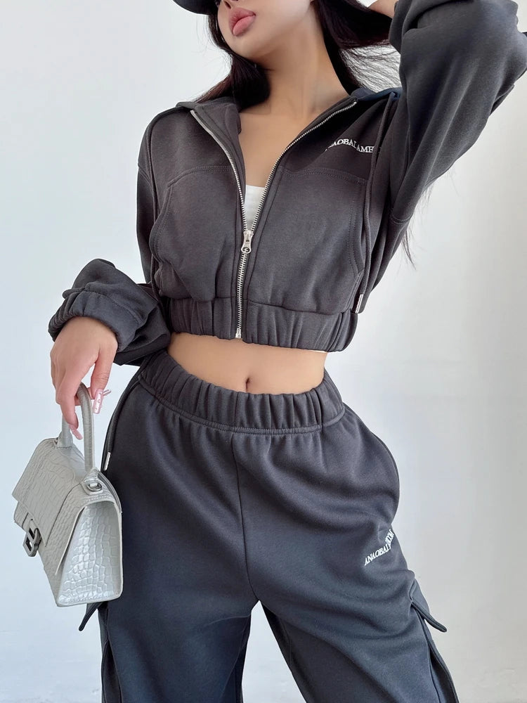 WOMENGAGA Short Zipper Sweatshirt Large Pocket Wide Leg Pants Two Piece Casual Plush Set For Winter Women Fashion Sweet 2PTB