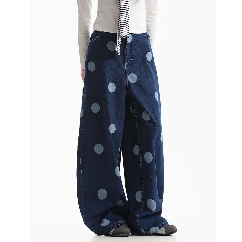 American Vintage Blue Polka Dot Jeans for Women Loose Wide Leg