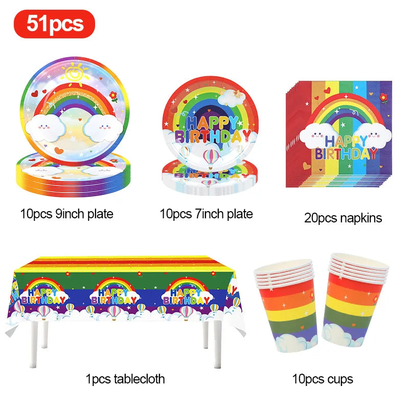 Rainbow Party Tableware Set Paper Plates Cups Napkins Tablecloth Banner Kids Boy Girl Happy Birthday Party Decoration Supplies