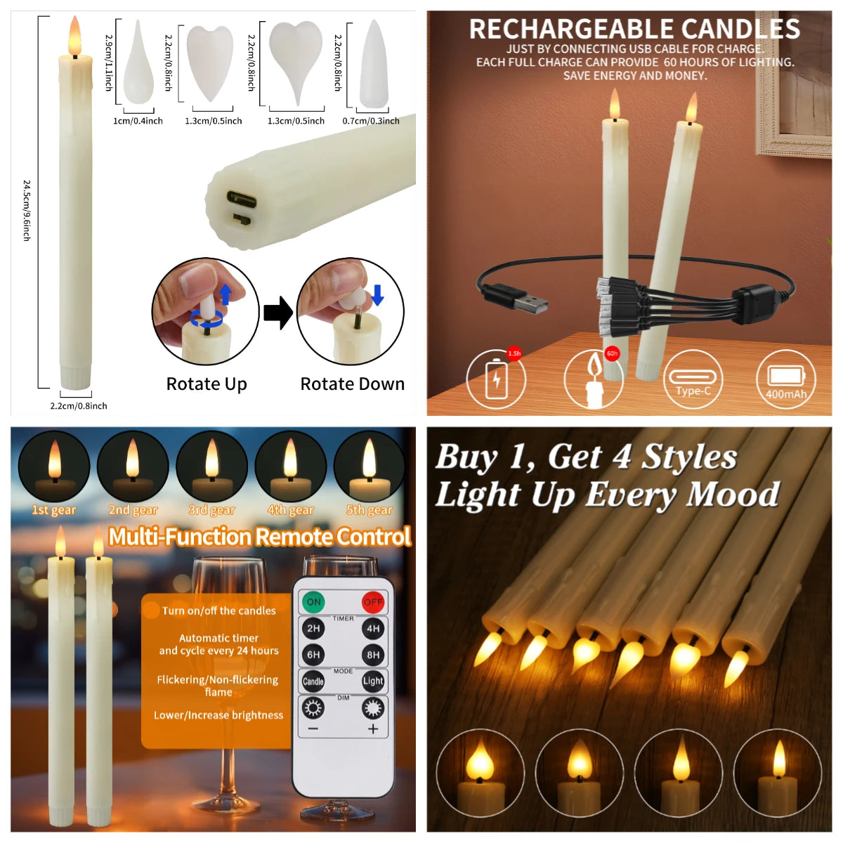LED Flameless Taper Candles 6.5/11" Battery Operated Fake Flickering Candlesticks Electric Long Candles for Wedding Home Decor