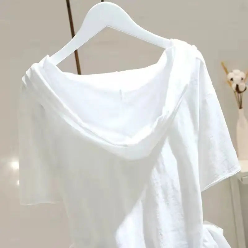 98% Cotton T Shirt Women Fashion Hooded Short-sleeved T-shirt 2025 Spring Summer Korean Style Loose Thin All-match Pullover Tops