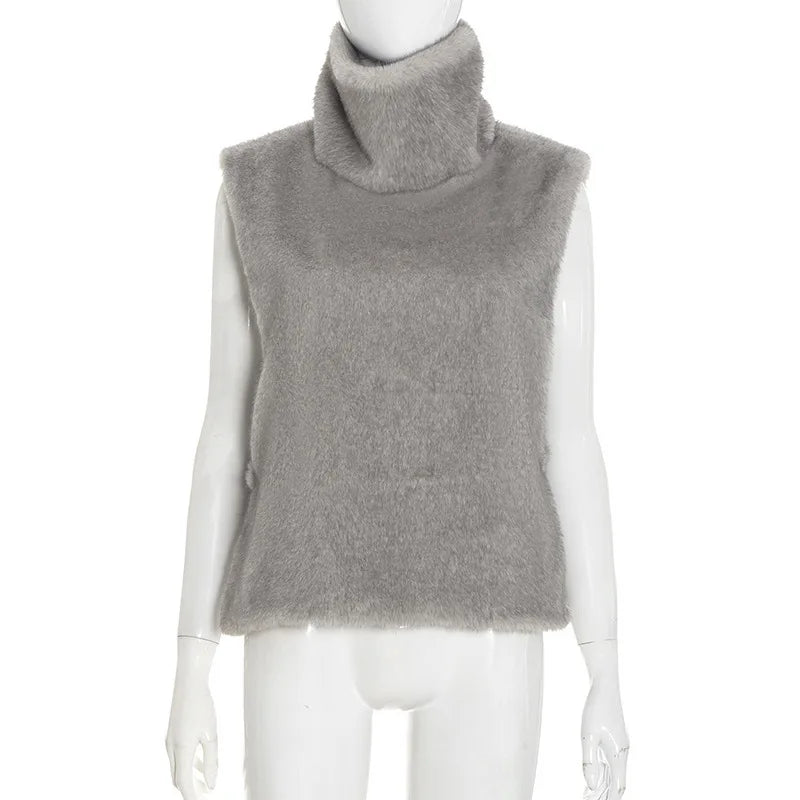 Grey Sexy Turtleneck Faux Fur Vests Womens Winter Coats 2026 Fashion Slim Sleeveless Casual Furry Jackets Female Outerwears