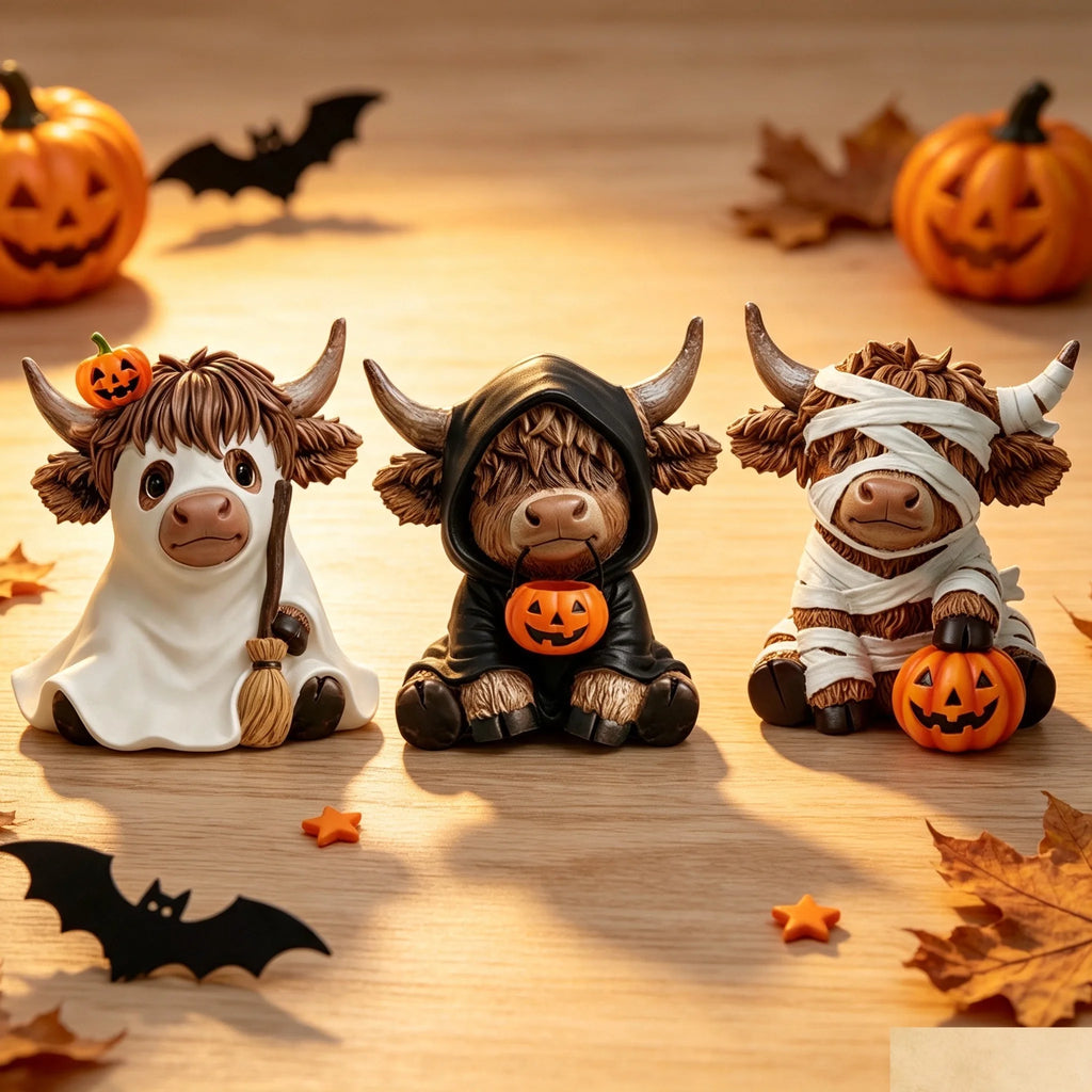3 Halloween Highland Cow Statues, Cute Ghost Decorations, Hooded and Mummy Cow Statues with Pumpkin Decorations, for Layered Trays, Shelves, Tabletops, and Fireplace Decorations